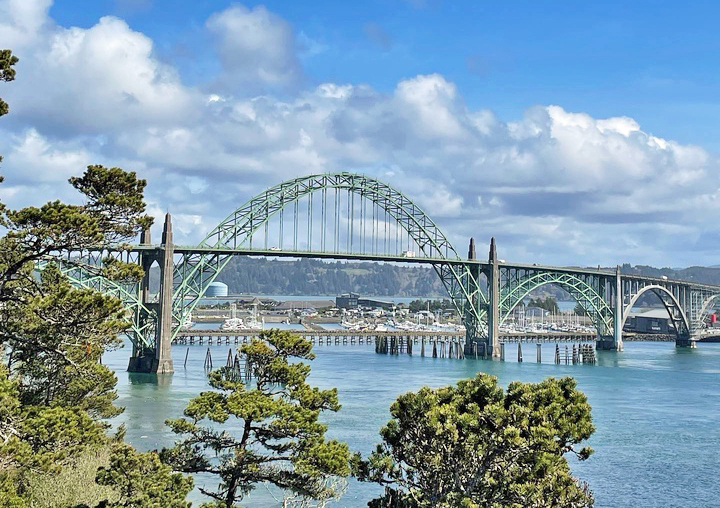 Yaquina Bay Bridge and views of marina, crabbing and fishing dock.
