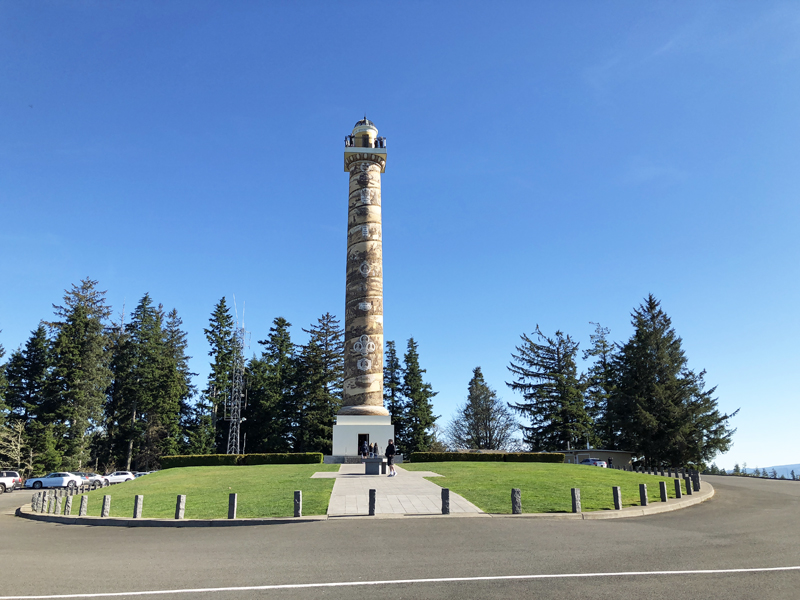 Astoria Column view from the ground with sunny blue skies