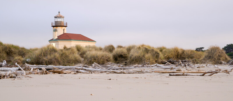 Lighthouse view from the beach with driftwood and low lying grassy dunes.