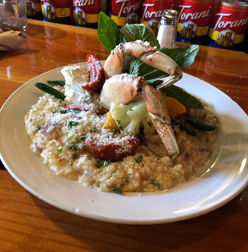 Crab fontina basil with fresh veggie risotto.