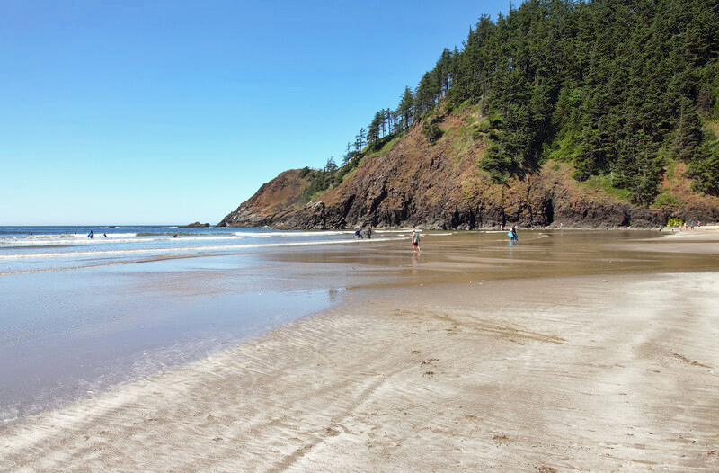 View of Indian Beach at Ecola State Park. Flat sandy beach, blue sky, and surfers.