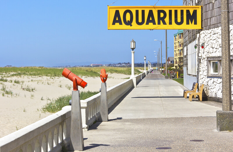 The Seaside Aquarium sign hovering over the promenade.