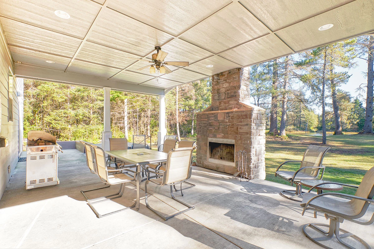 Covered patio with fireplace
